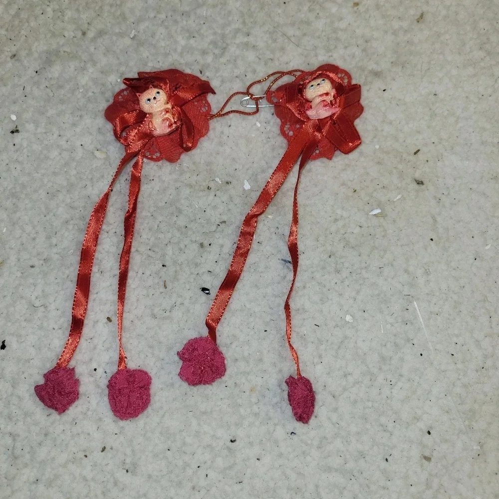 Vintage Red Satin Lace Hair Clips Kitty Charm Ribbon‎ Barrettes Set